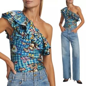 NWOT Ulla Johnson Adaleigh Silk One Shoulder Floral Ruffled Top Size 0 Azul